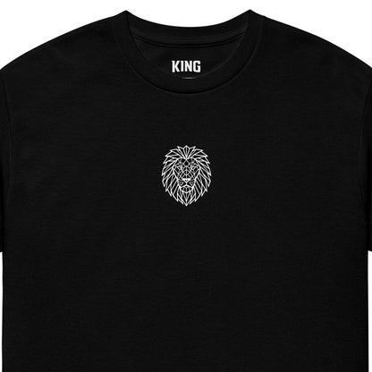 Black KING sports tee with geometric lion emblem – collar and print detail mockup.