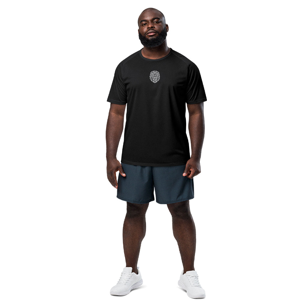 Model wearing the KING Sports Tee in Black — full-body front view with Geometric Lion logo.