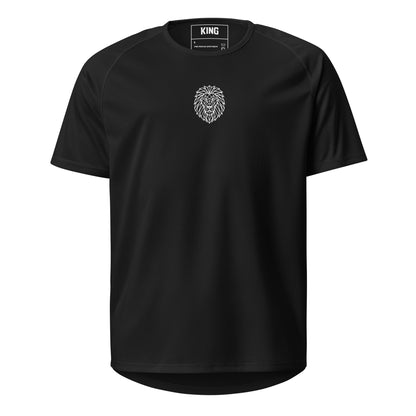 Flat mockup of the KING Sports Tee in Black — front view with Geometric Lion logo.