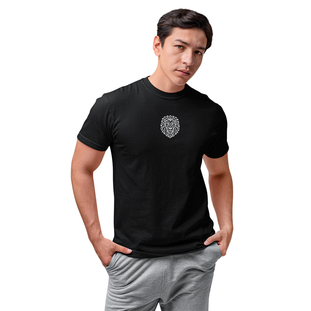 Black KING sports tee with geometric lion emblem – male model front view.