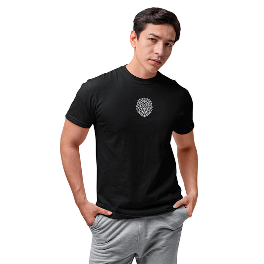 Black KING sports tee with geometric lion emblem – male model front view.