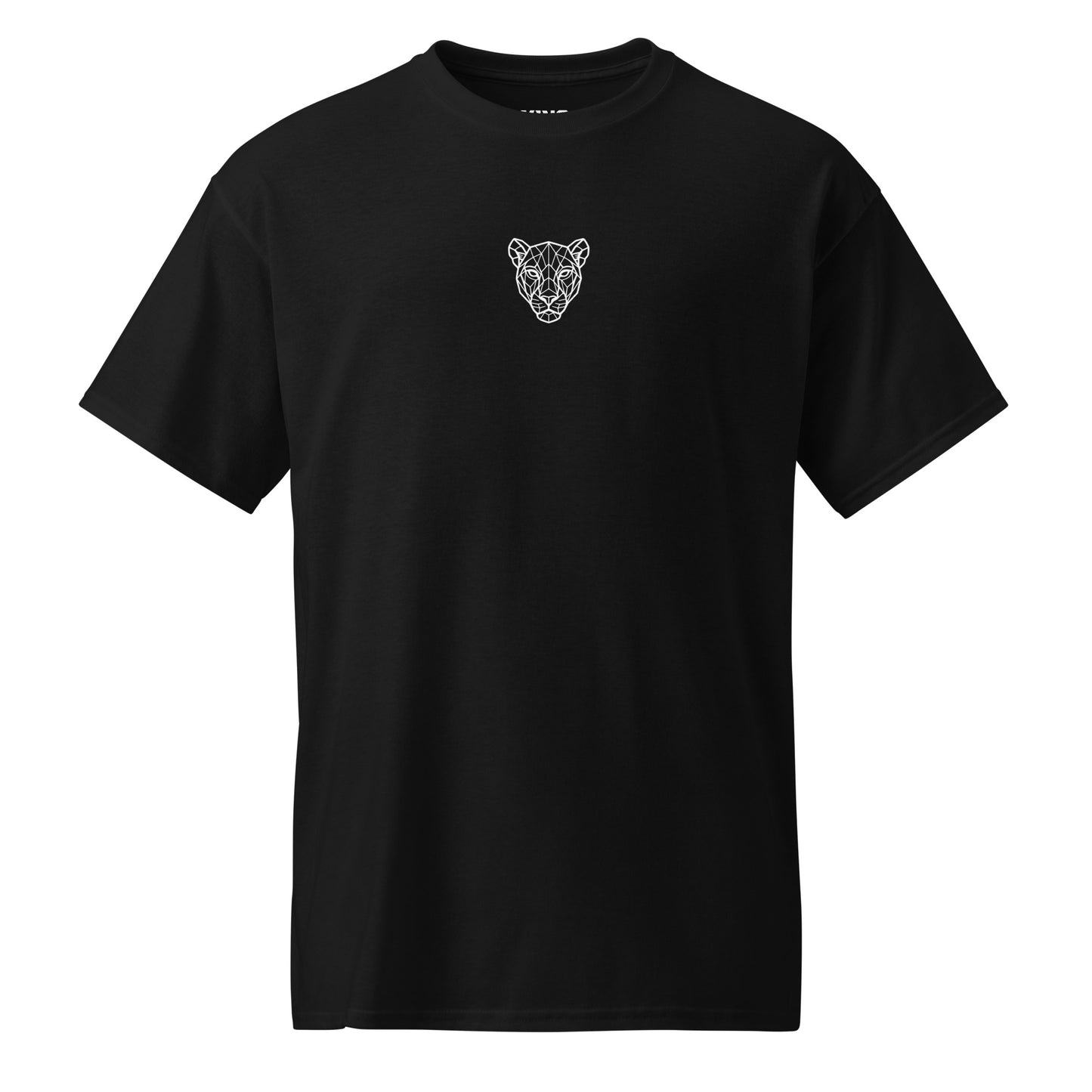 Black KING sports tee — geometric lioness emblem flat product shot.