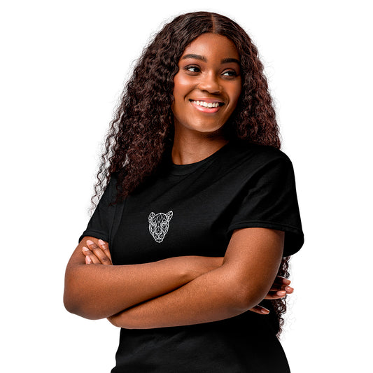 Black KING sports tee with geometric lioness emblem — female model front view.