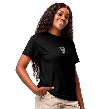 Black KING sports tee with geometric lioness emblem — side model view.