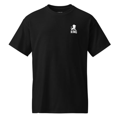 Black KING sports tee with minimal lion emblem – flat product mockup