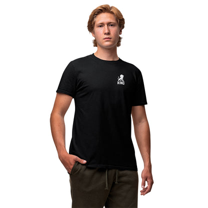 Black KING sports tee with minimal lion emblem – front view
