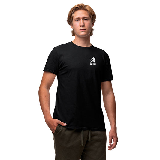 Black KING sports tee with minimal lion emblem – front view