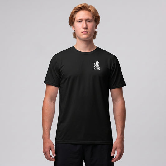Male model wearing the KING Sports Tee in black with minimal lion chest logo, full front view.