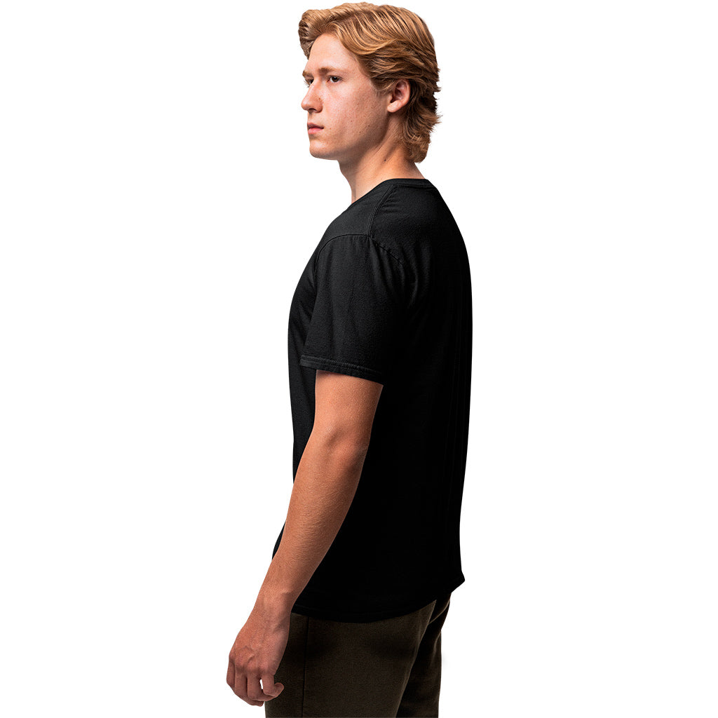 Black KING sports tee with minimal lion emblem – right side view