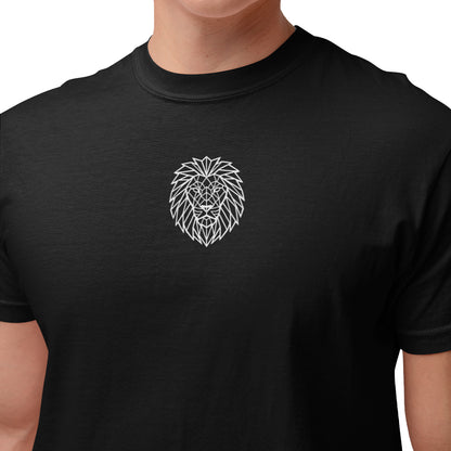 Close-up of geometric lion emblem on black KING sports tee.