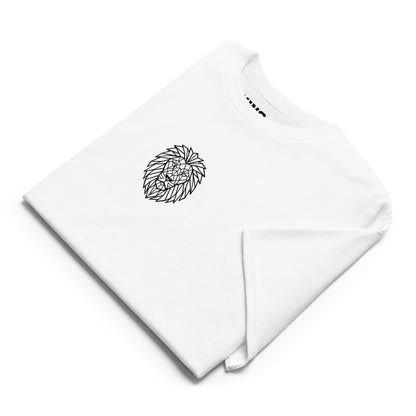 Close-up of geometric lion logo on KING Sports Tee White – detailed fabric and print