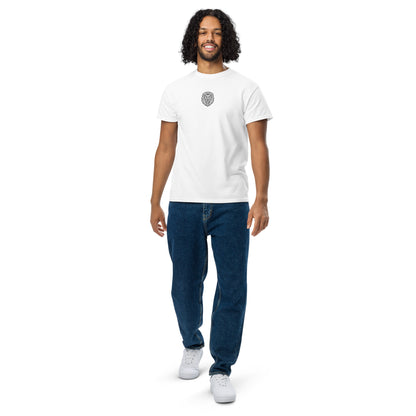 Male model wearing KING Sports Tee White geometric lion edition – full body athletic fit