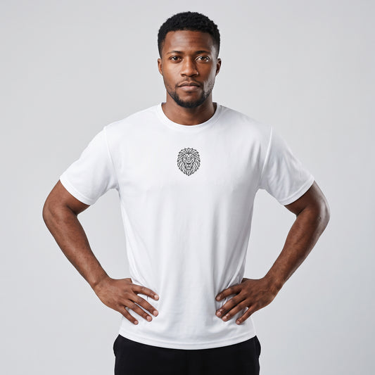 Male model wearing the KING Sports Tee in white with geometric lion chest graphic, front view with hands on hips.