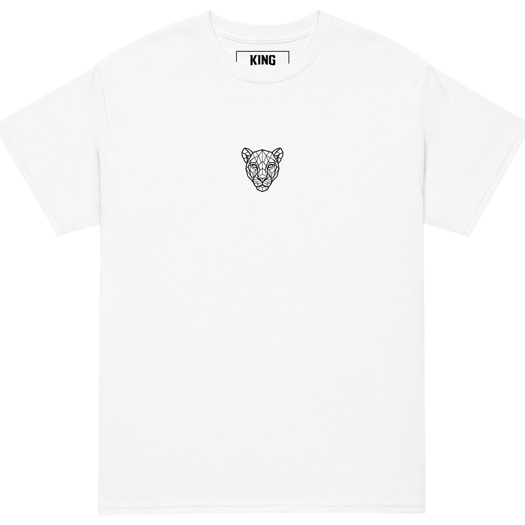 Close-up of the KING White Sports Tee showing the geometric lioness chest emblem.