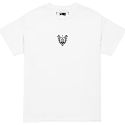 Close-up of the KING White Sports Tee showing the geometric lioness chest emblem.