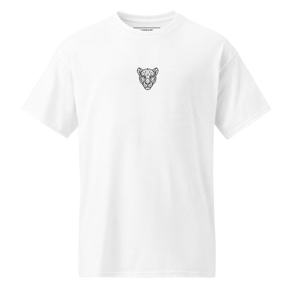 White sports tee with geometric lioness emblem — minimalist performance design.