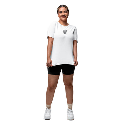 Full-body view of woman wearing the KING White Sports Tee with geometric lioness emblem.