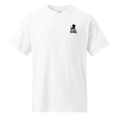 White KING sports tee with minimal lion emblem – flat product mockup.