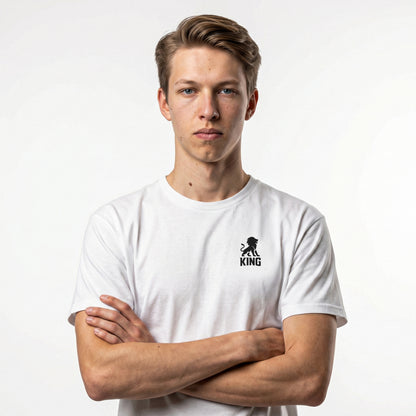 KING Sports Tee White Minimal Lion — male model front view with crossed arms wearing minimal athletic t-shirt