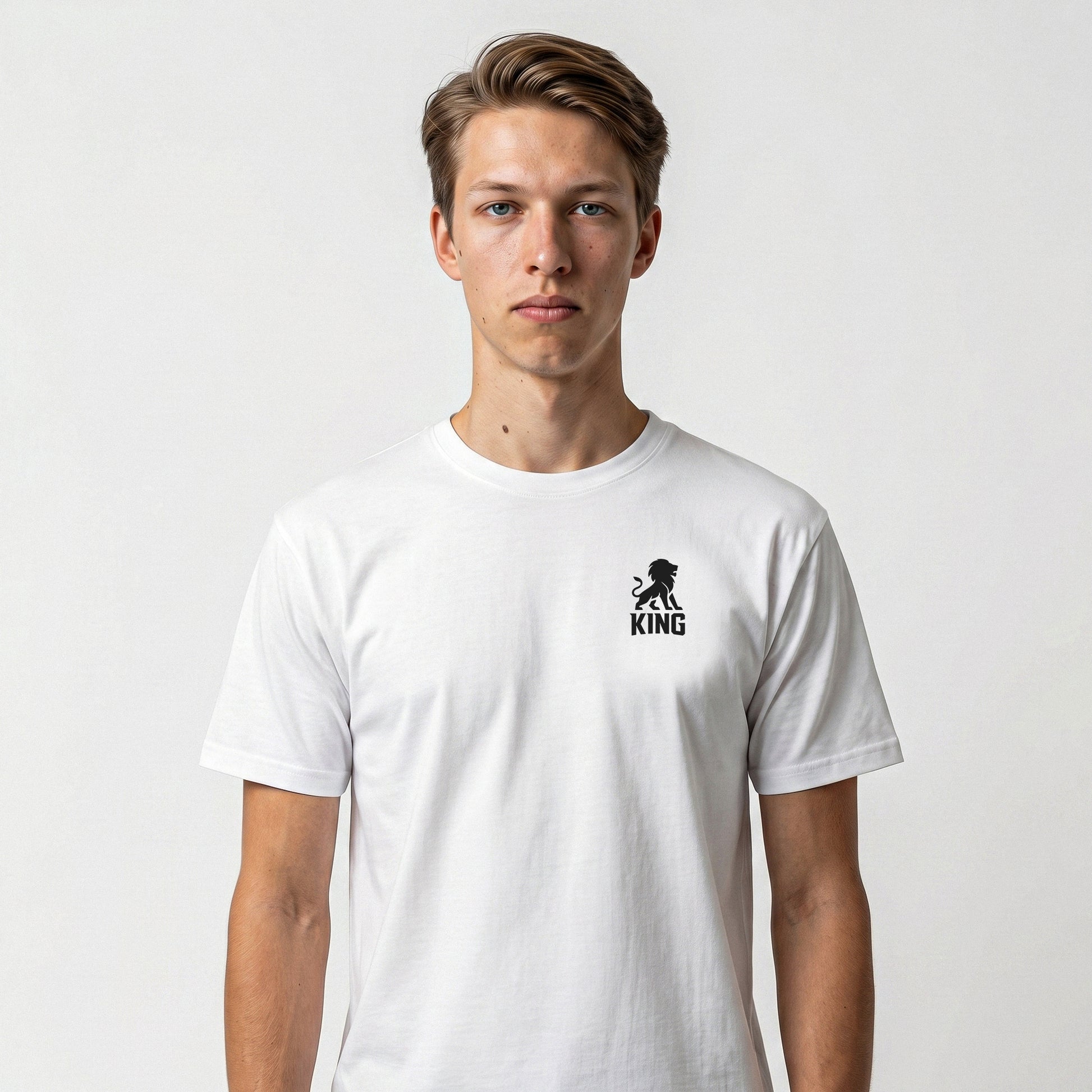 KING Sports Tee White Minimal Lion — front view of premium white athletic t-shirt with minimal lion logo