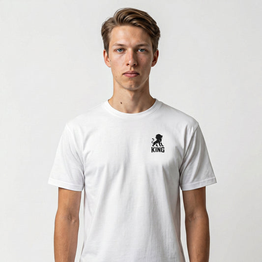 KING Sports Tee White Minimal Lion — front view of premium white athletic t-shirt with minimal lion logo