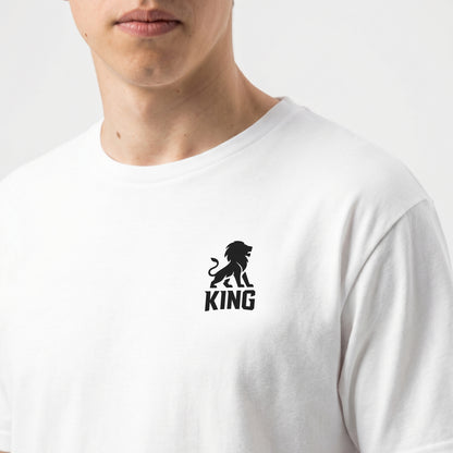KING Sports Tee White Minimal Lion — close-up of chest logo on premium white athletic t-shirt