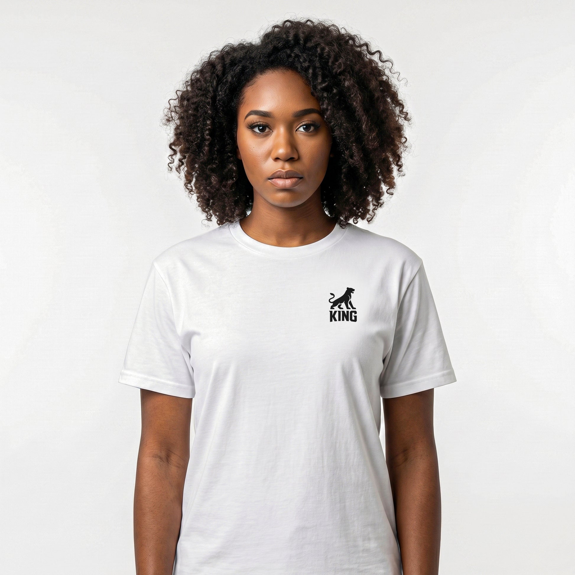 KING Sports Tee White Minimal Lioness — front view of premium white athletic t-shirt with minimal lioness logo