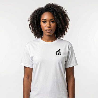 KING Sports Tee White Minimal Lioness — front view of premium white athletic t-shirt with minimal lioness logo