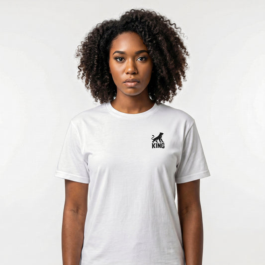 KING Sports Tee White Minimal Lioness — front view of premium white athletic t-shirt with minimal lioness logo