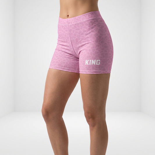 Woman wearing KING Lioness Apex Training Shorts in Blush Pattern with premium performance fabric and minimalist design.