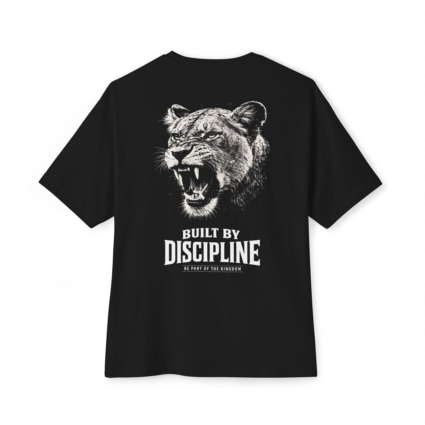 Back view of LIONESS Oversized Tee in black featuring roaring lioness artwork and “Built by Discipline” statement print