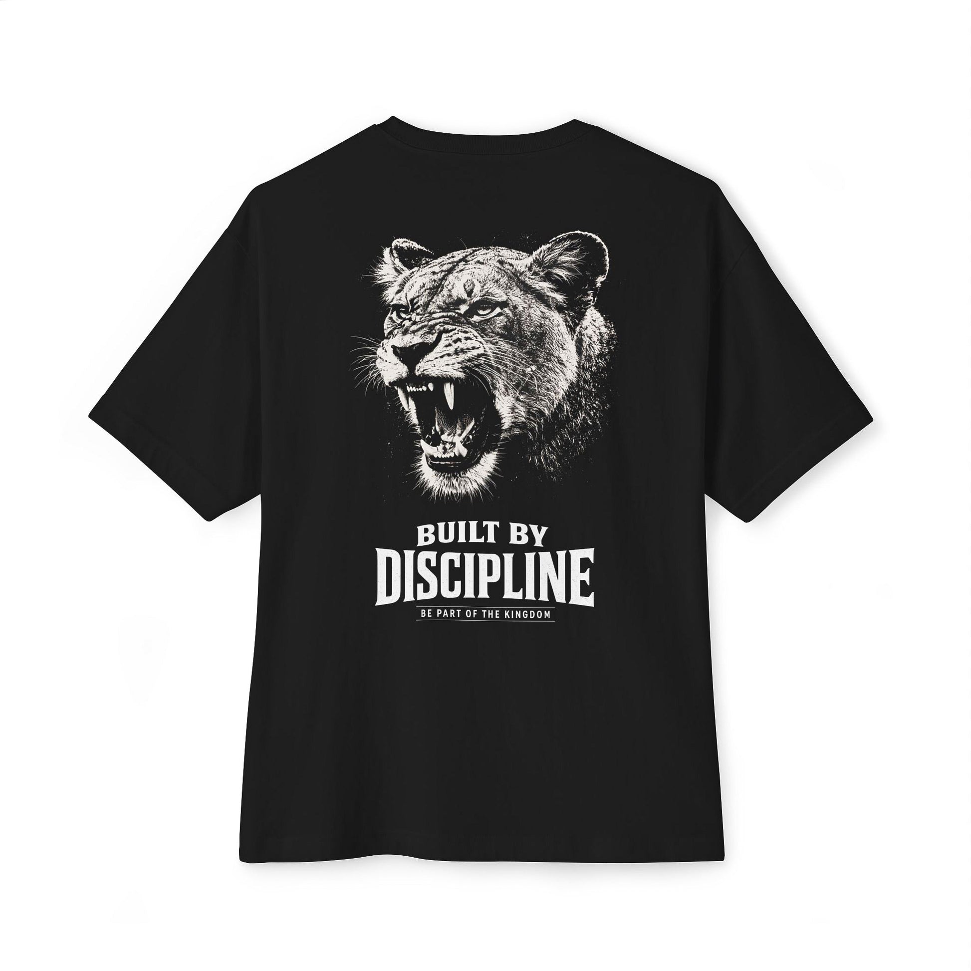 Back view of LIONESS Oversized Tee in black featuring roaring lioness artwork and “Built by Discipline” statement print