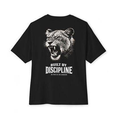 Back view of LIONESS Oversized Tee in black featuring roaring lioness artwork and “Built by Discipline” statement print