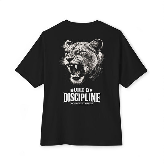 Back view of LIONESS Oversized Tee in black featuring roaring lioness artwork and “Built by Discipline” statement print