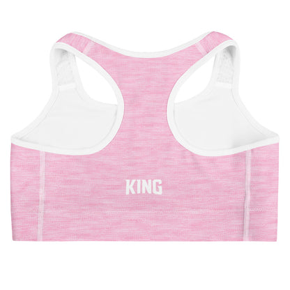 Back view of Lioness pink padded sports bra, racerback cut and elastic band by KING APEX
