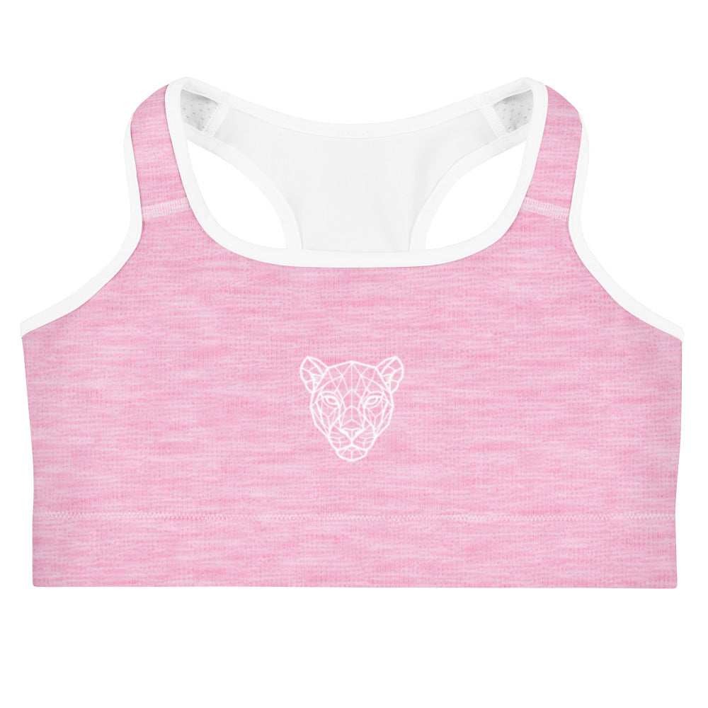 Lioness pink padded sports bra front view with geometric lioness logo, women’s fitness apparel by KING APEX
