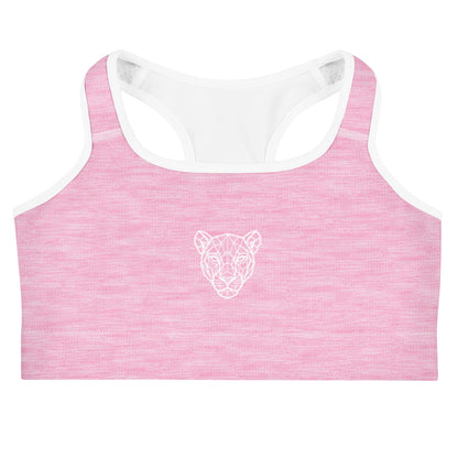 Lioness pink padded sports bra front view with geometric lioness logo, women’s fitness apparel by KING APEX
