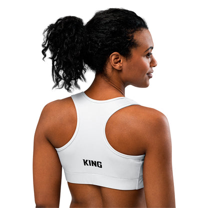 White KING Lioness sports bra – angled back view with KING logo detail.
